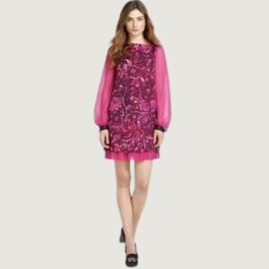 Tory Burch Dress Pink Floral Mini Sheath Wool Silk Long Sleeve Sheer Size 4